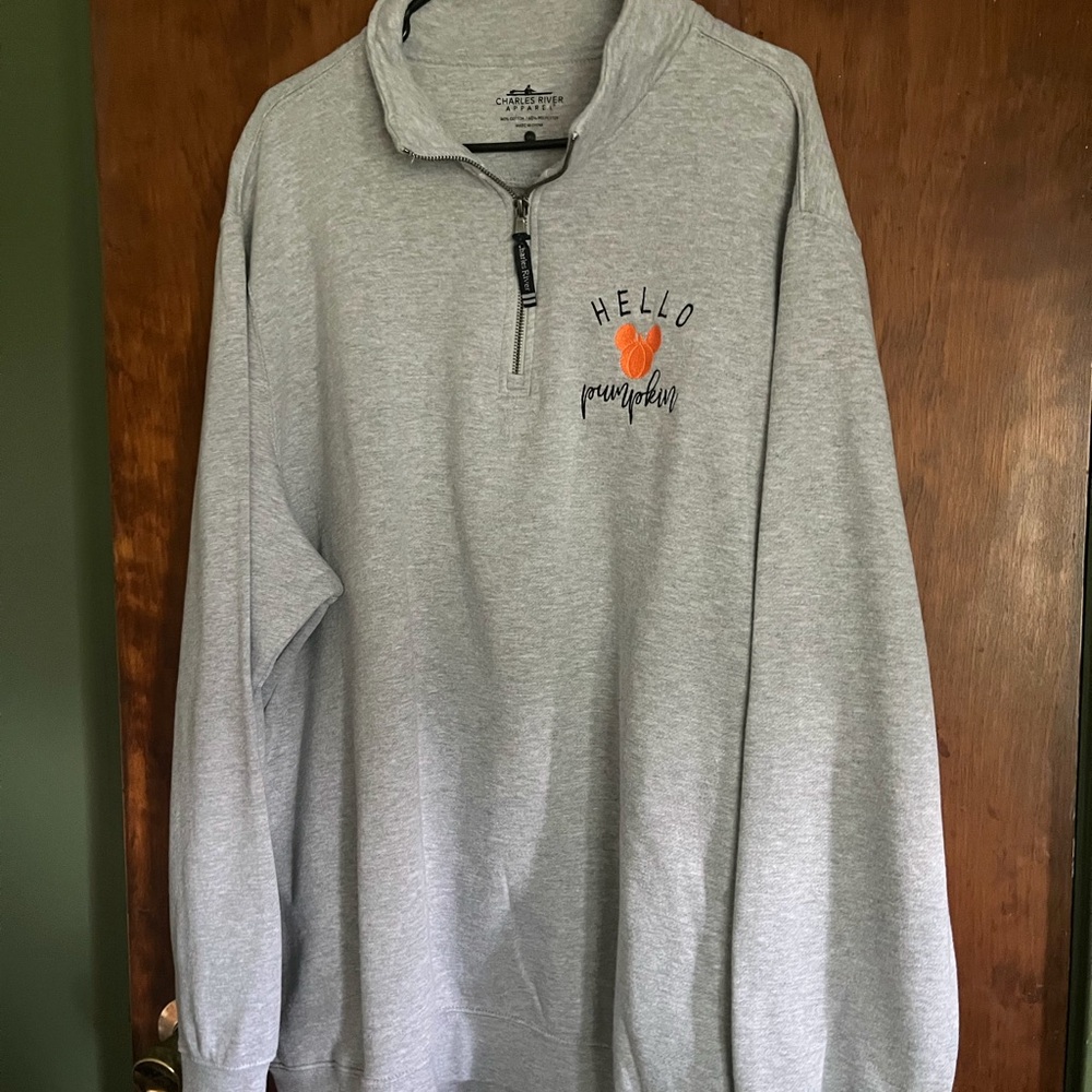 Charles River Apparel unisex Gray Quarter-Zip with Orange Disney Pumpkin Design